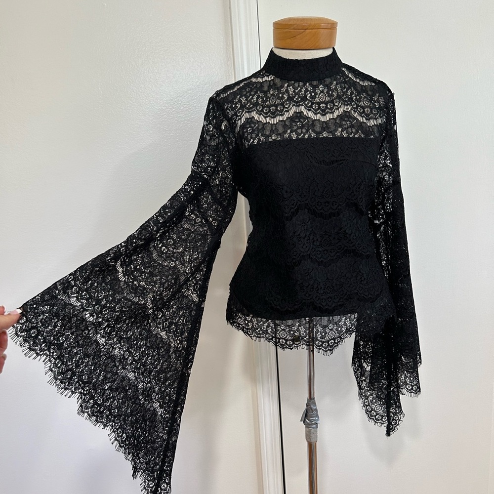 VENUS Black Lace High-Neck Bell-Sleeve Blouse - Picture 1 of 10